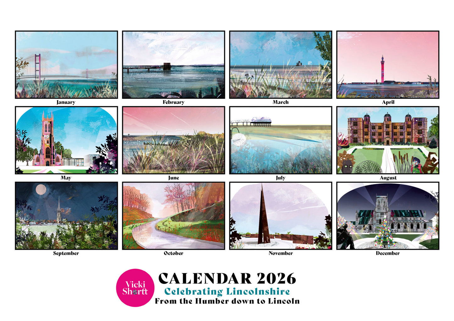 Lincolnshire landscapes art calendar by Vicki Shortt, twelve Lincolnshire landscape designs for the 2026 year