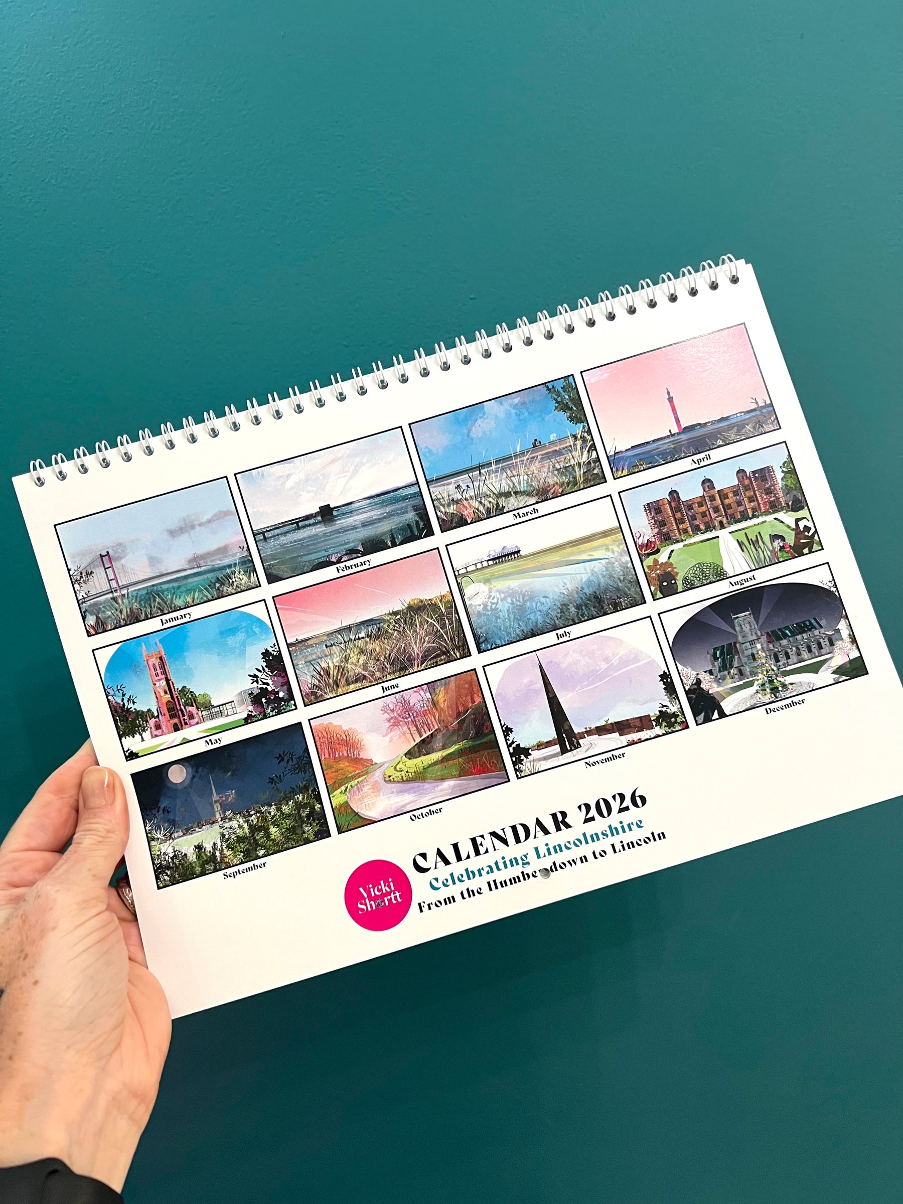 Lincolnshire landscapes art calendar by Vicki Shortt, twelve Lincolnshire landscape designs for the 2026 year, the back page showing all twelve months