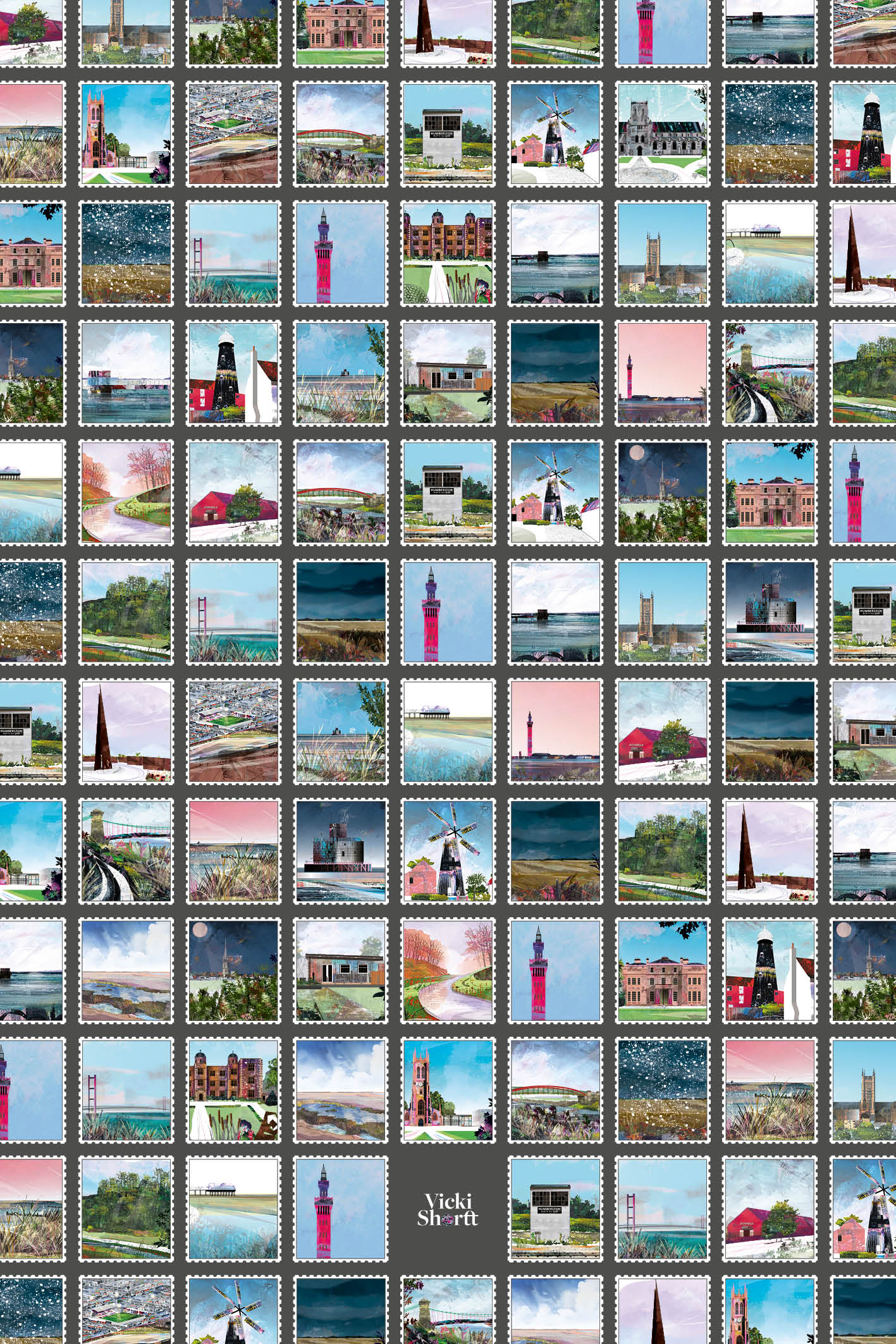 Lincolnshire stamps landscapes art tea towel by Vicki Shortt, a grid of postage-stamp illustrations of Lincolnshire landmarks