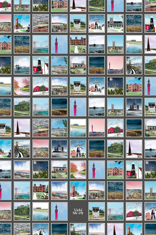 Lincolnshire stamps landscapes art tea towel by Vicki Shortt, a grid of postage-stamp illustrations of Lincolnshire landmarks