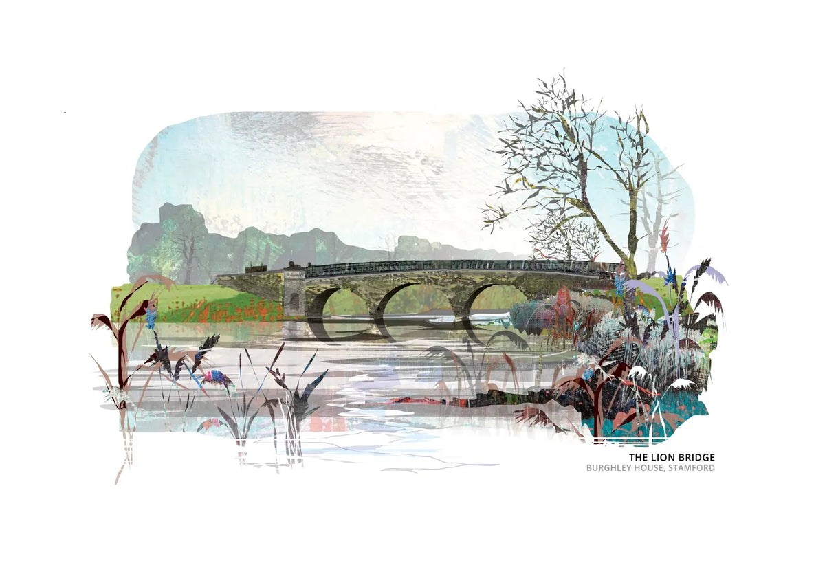 The Lion Bridge art print by Vicki Shortt, Capability Brown's stone bridge across the lake in Burghley Park, Stamford