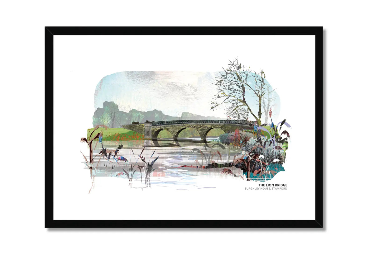 The Lion Bridge art print by Vicki Shortt, Capability Brown's stone bridge across the lake in Burghley Park, Stamford, in a black frame
