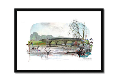 The Lion Bridge art print by Vicki Shortt, Capability Brown's stone bridge across the lake in Burghley Park, Stamford, in a black frame
