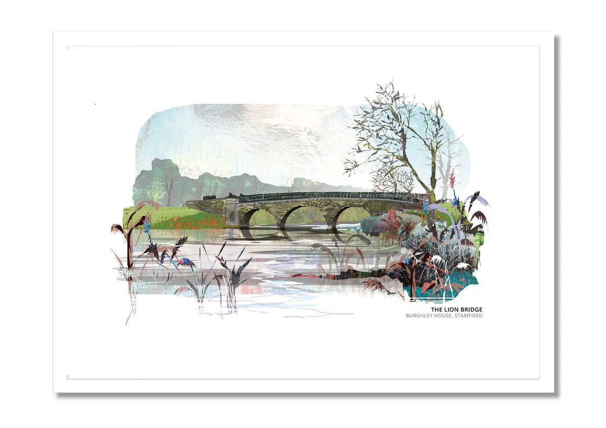 The Lion Bridge art print by Vicki Shortt, Capability Brown's stone bridge across the lake in Burghley Park, Stamford, in a white frame