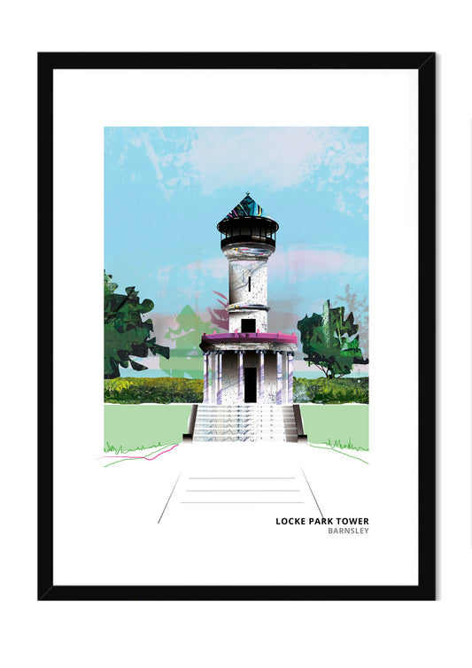 Locke Park Tower art print by Vicki Shortt, the Victorian tower in Locke Park, Barnsley, in a black frame