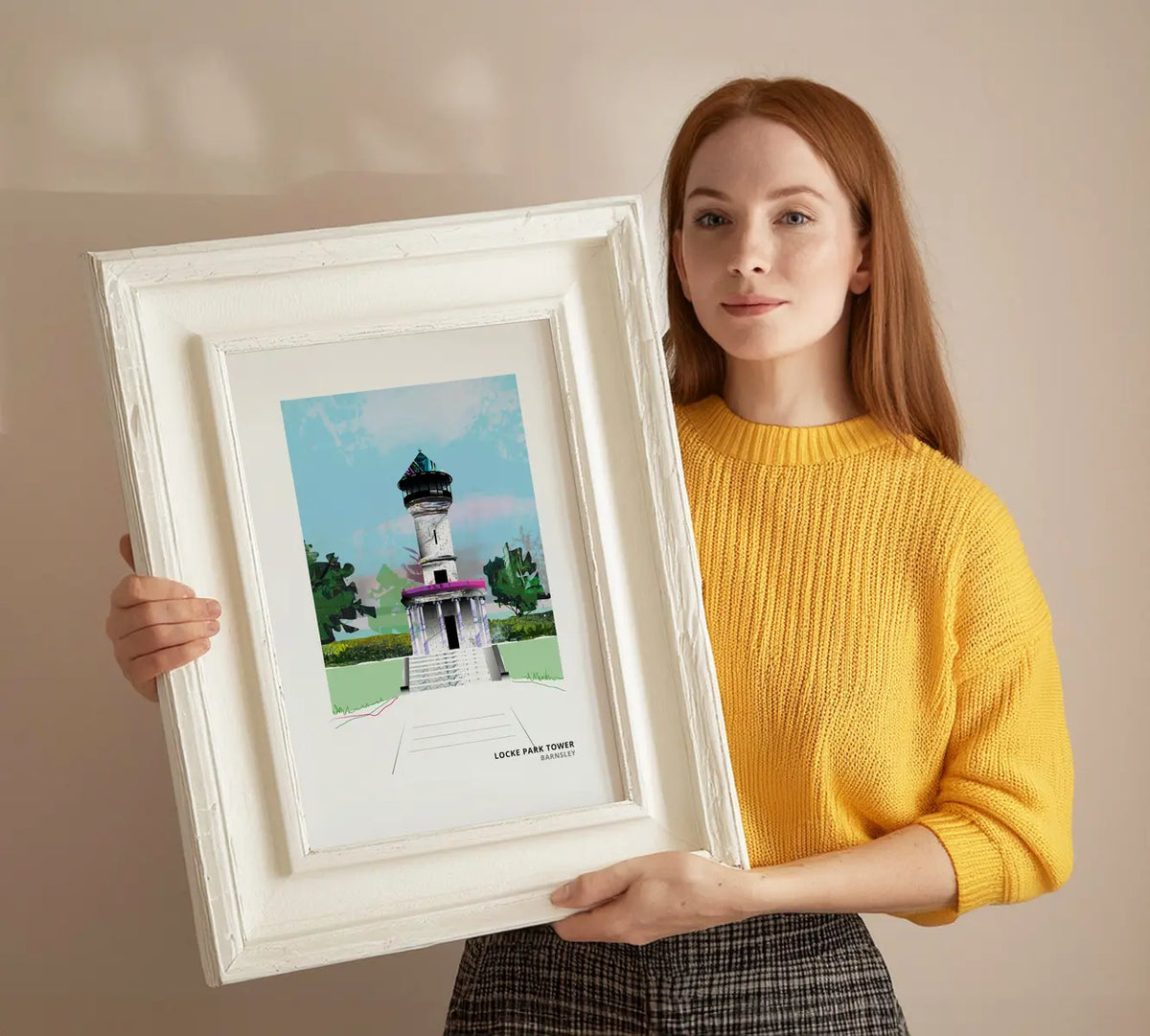 Locke Park Tower art print by Vicki Shortt, the Victorian tower in Locke Park, Barnsley, framed in a room setting