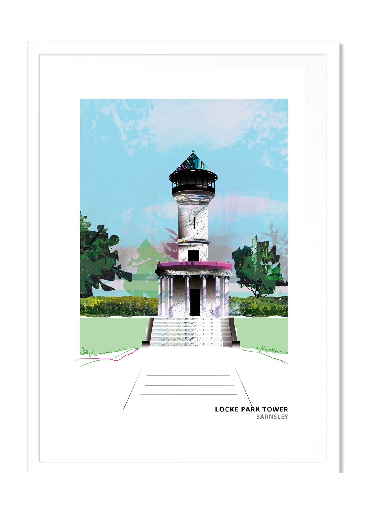 Locke Park Tower art print by Vicki Shortt, the Victorian tower in Locke Park, Barnsley, in a white frame