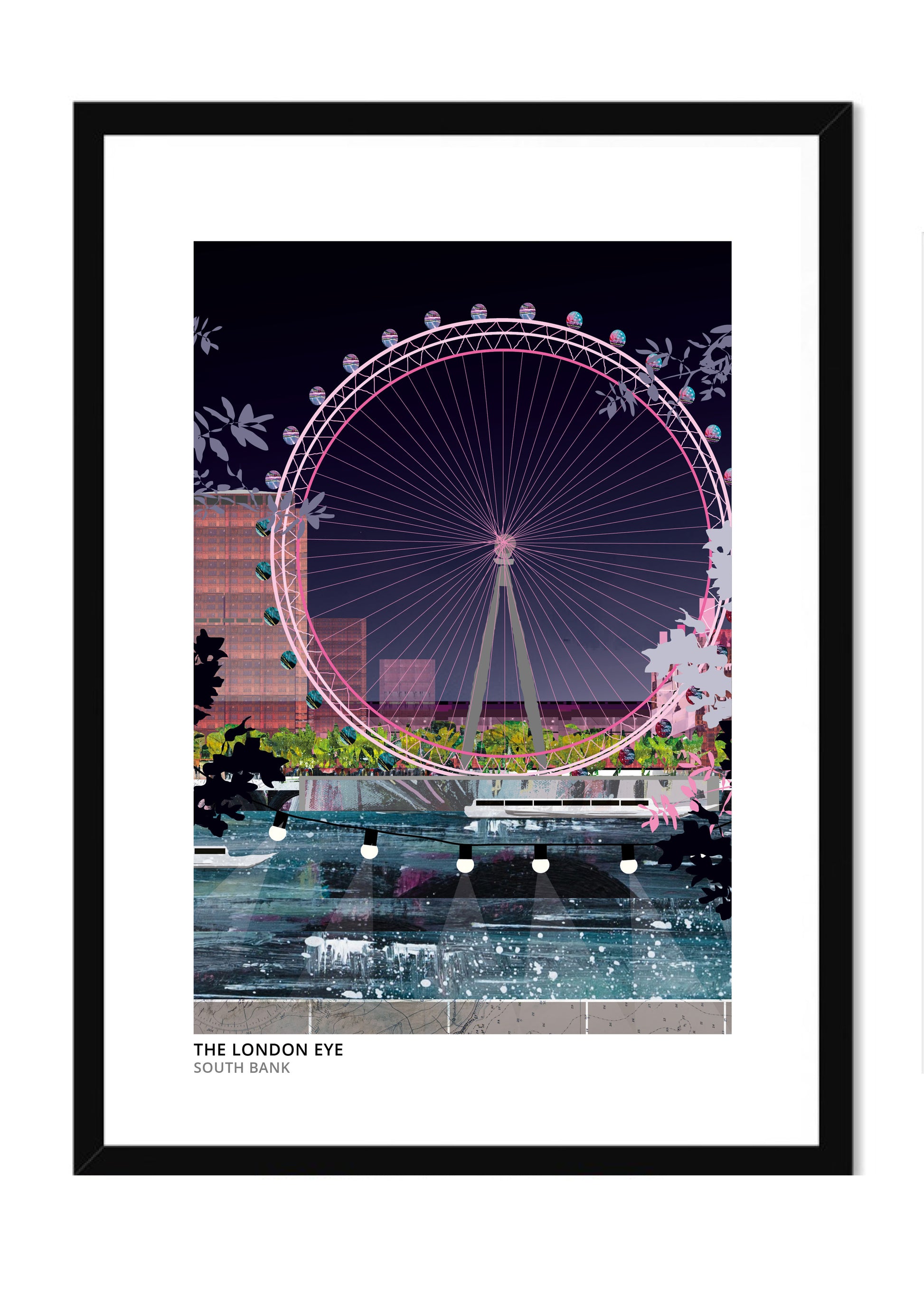 London Eye art print by Vicki Shortt, daytime design, the observation wheel on the South Bank in London, in a black frame
