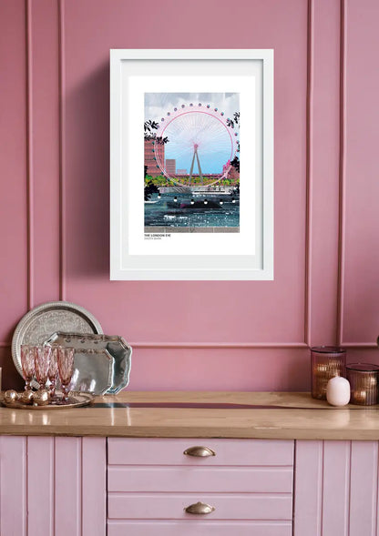 London Eye art print by Vicki Shortt, the observation wheel on the South Bank in London, daytime design, framed in a room setting