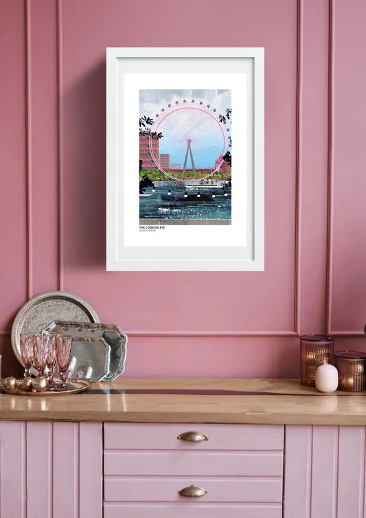 London Eye art print by Vicki Shortt, the observation wheel on the South Bank in London, daytime design, framed in a room setting