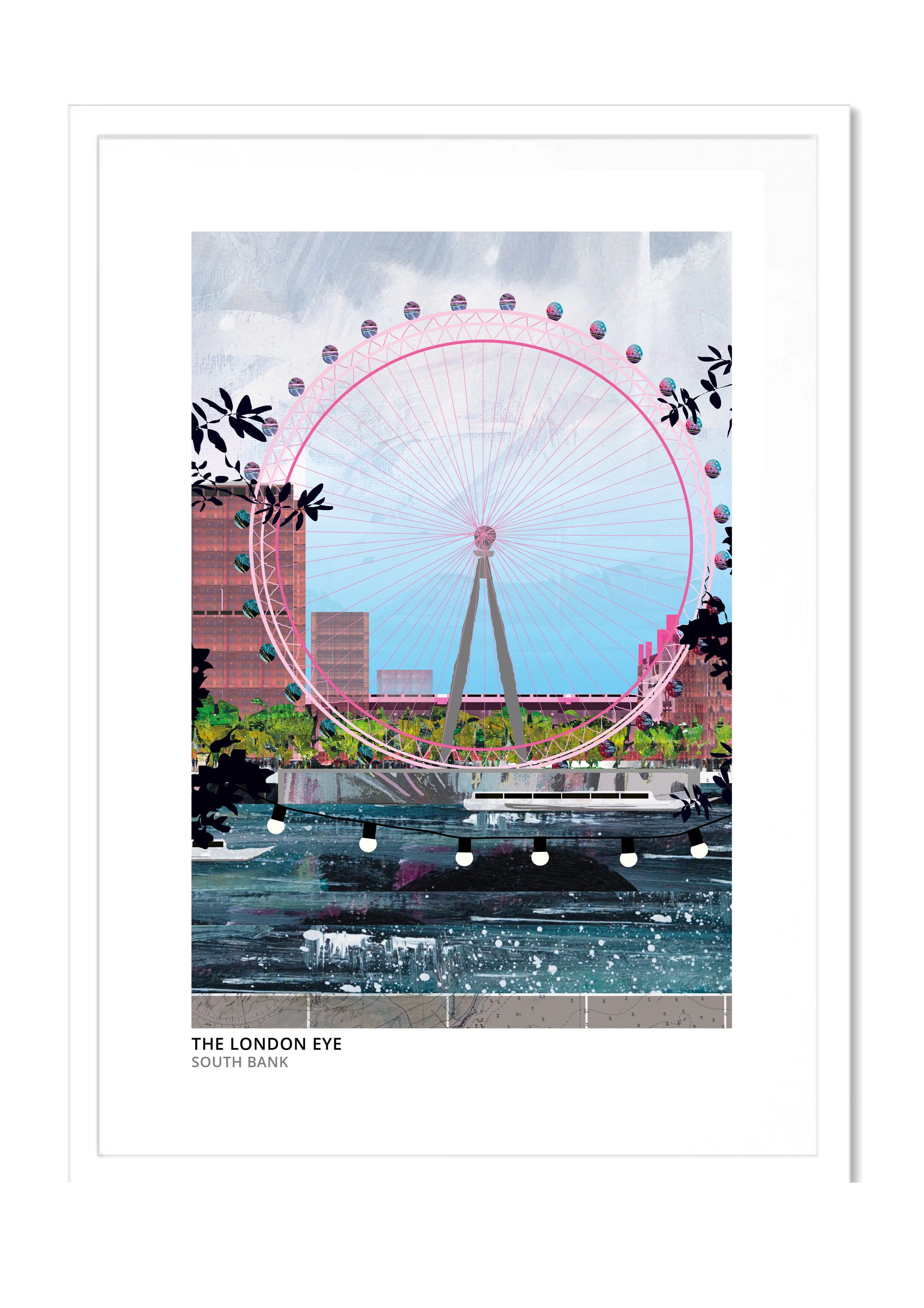 London Eye art print by Vicki Shortt, daytime design, the observation wheel on the South Bank in London, in a white frame