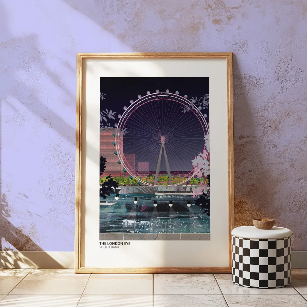 London Eye art print by Vicki Shortt, the observation wheel on the South Bank in London, night design, framed in a room setting