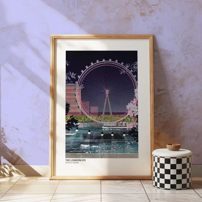 London Eye art print by Vicki Shortt, the observation wheel on the South Bank in London, night design, framed in a room setting
