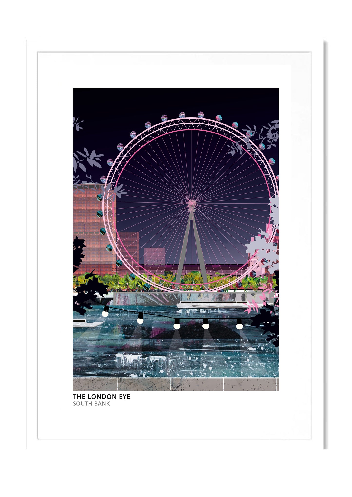 London Eye art print by Vicki Shortt, night-time design, the observation wheel on the South Bank in London, in a white frame