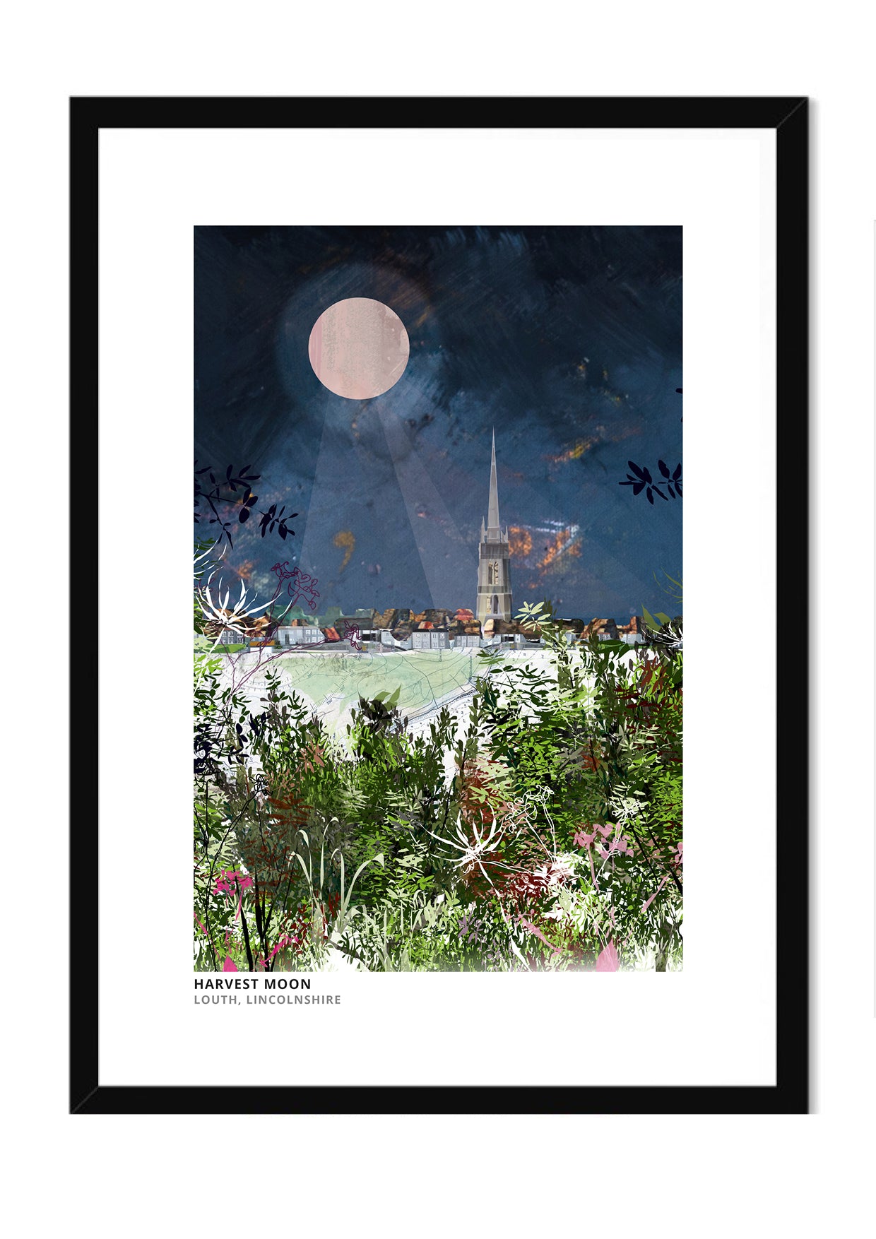 Louth Minster art print by Vicki Shortt, the soaring spire of St James' Church in Louth, Lincolnshire, in a black frame