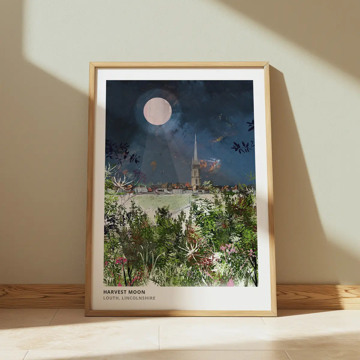 Louth Minster art print by Vicki Shortt, the soaring spire of St James' Church in Louth, Lincolnshire, framed in a room setting
