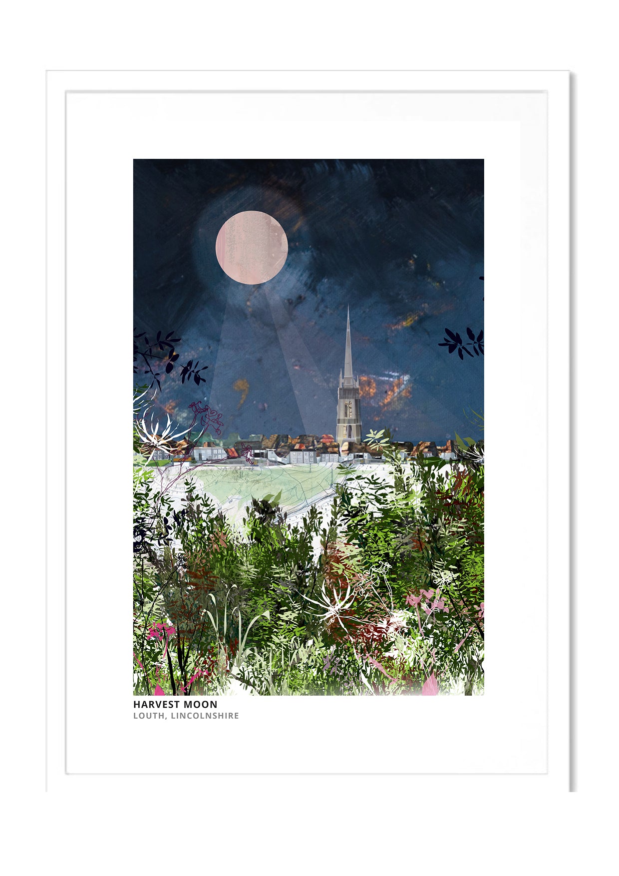 Louth Minster art print by Vicki Shortt, the soaring spire of St James' Church in Louth, Lincolnshire, in a white frame