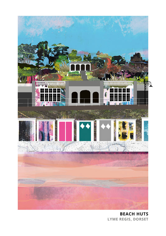 Lyme Regis Beach Huts art print by Vicki Shortt, the beach huts along the front at Lyme Regis, Dorset