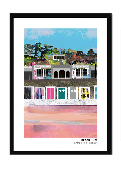 Lyme Regis Beach Huts art print by Vicki Shortt, the beach huts along the front at Lyme Regis, Dorset, in a black frame