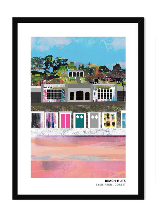 Lyme Regis Beach Huts art print by Vicki Shortt, the beach huts along the front at Lyme Regis, Dorset, in a black frame