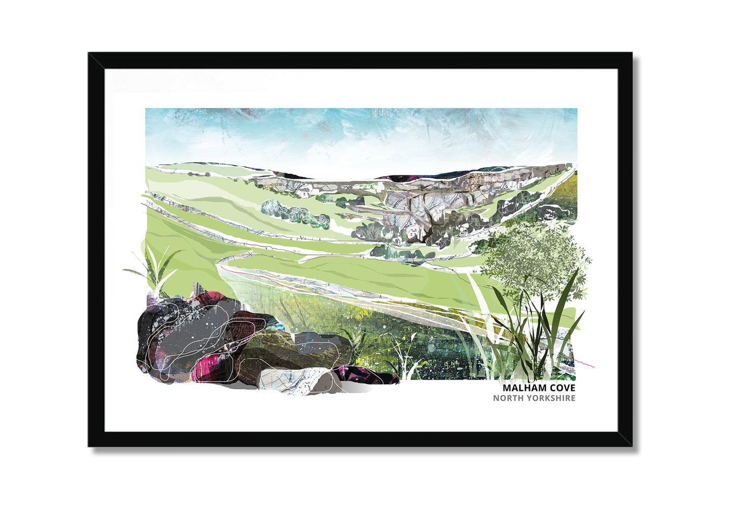 Malham Cove art print by Vicki Shortt, the curved limestone amphitheatre in the Yorkshire Dales, in a black frame