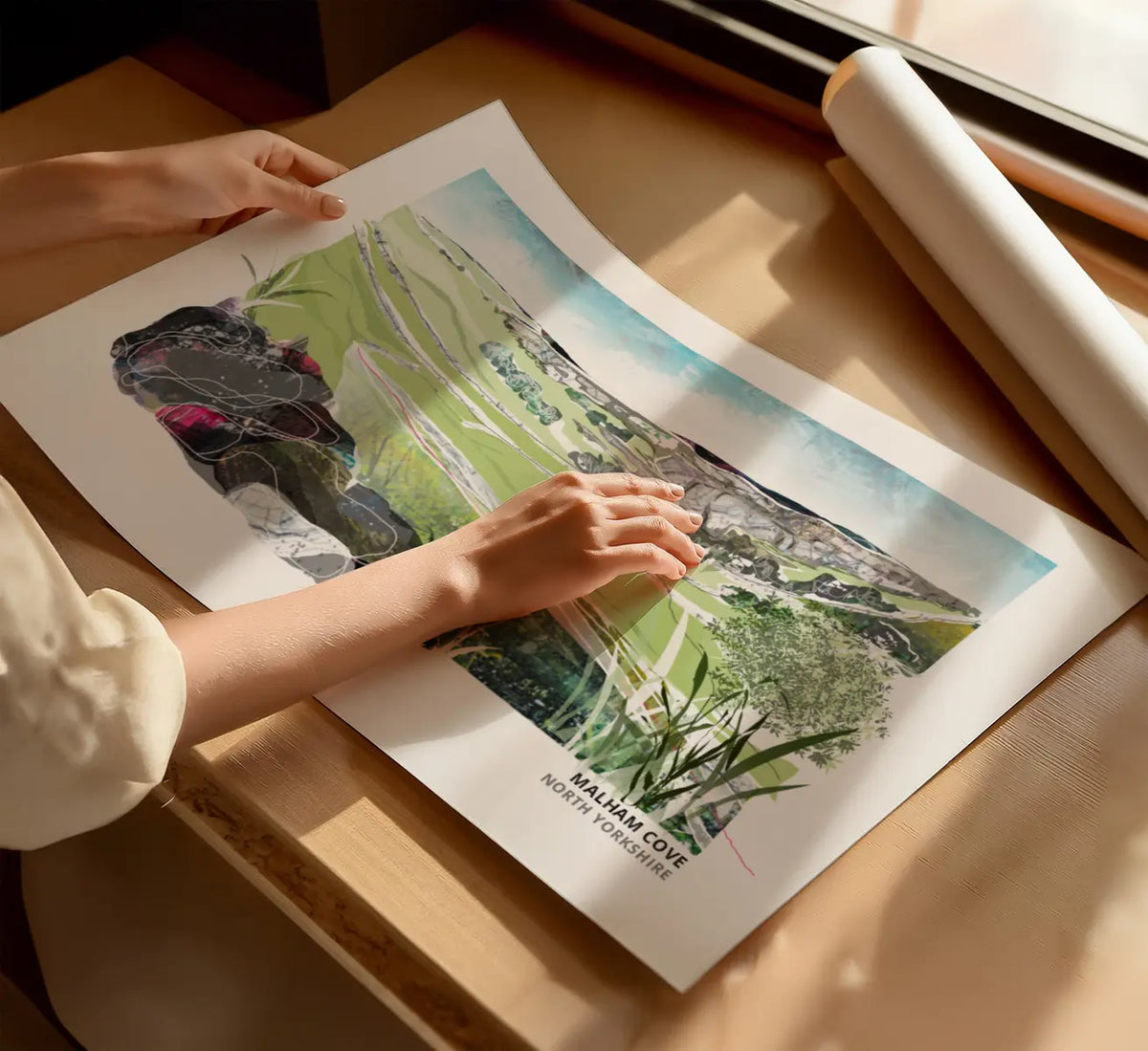 Malham Cove art print by Vicki Shortt, the curved limestone amphitheatre in the Yorkshire Dales, framed in a room setting