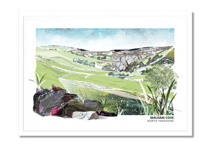 Malham Cove art print by Vicki Shortt, the curved limestone amphitheatre in the Yorkshire Dales, in a white frame