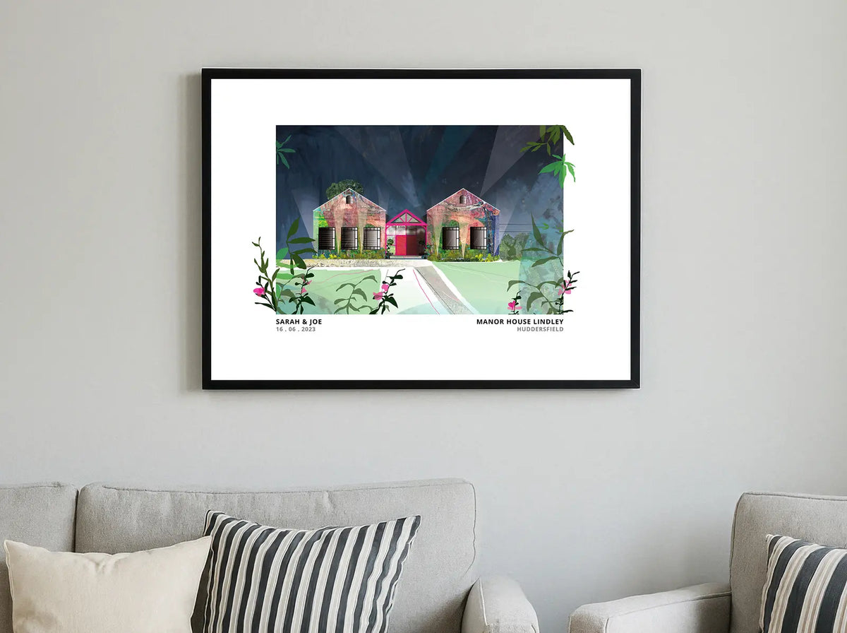 Manor House Lindley art print by Vicki Shortt, the manor house at Lindley, Huddersfield, framed in a room setting