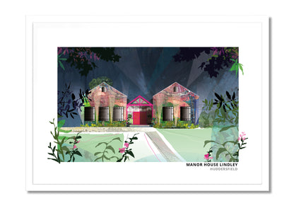 Manor House Lindley art print by Vicki Shortt, the manor house at Lindley, Huddersfield, in a white frame