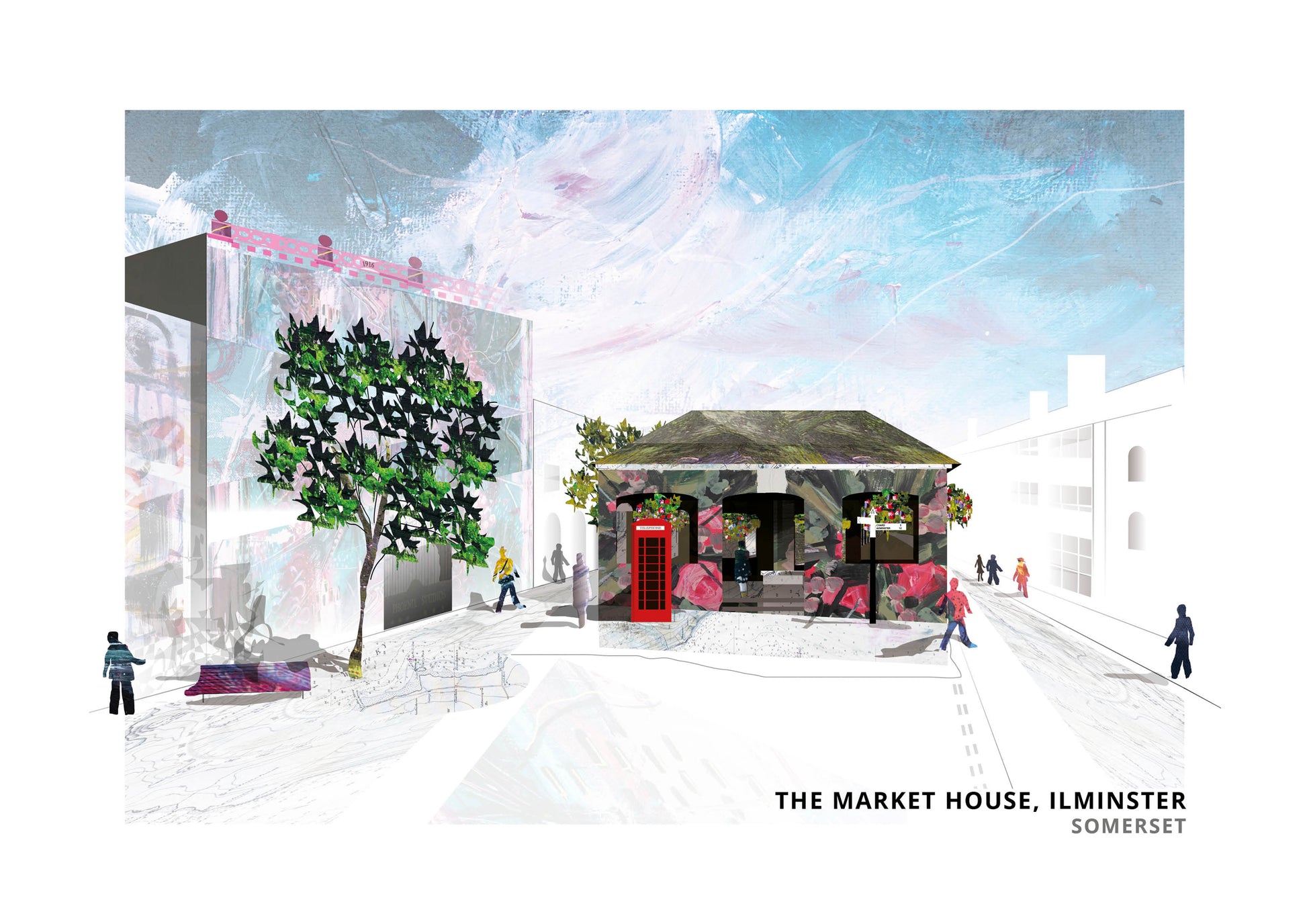 Market House art print by Vicki Shortt, the pillared market house in Ilminster, Somerset
