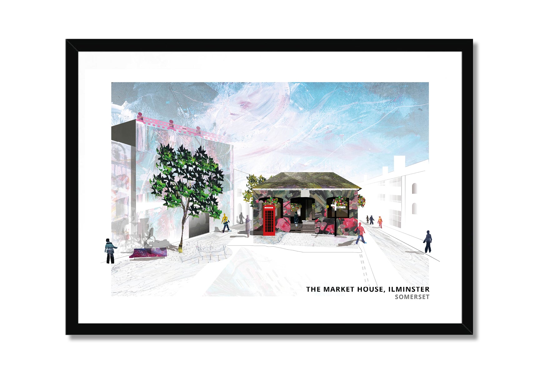 Market House art print by Vicki Shortt, the pillared market house in Ilminster, Somerset, in a black frame
