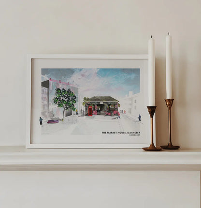 Market House art print by Vicki Shortt, the pillared market house in Ilminster, Somerset, framed in a room setting