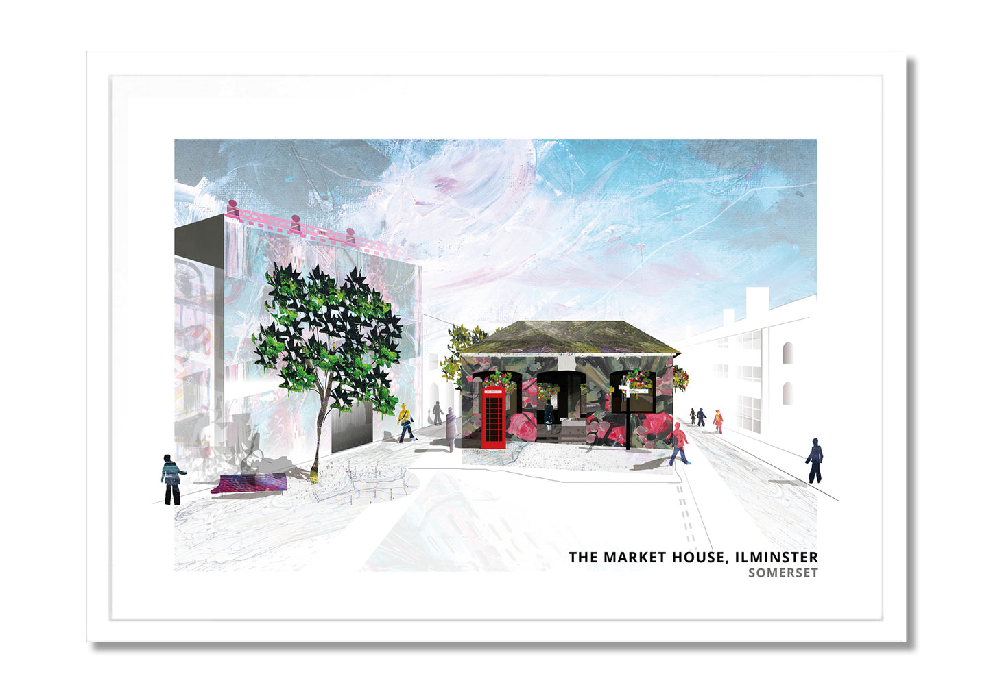 Market House art print by Vicki Shortt, the pillared market house in Ilminster, Somerset, in a white frame