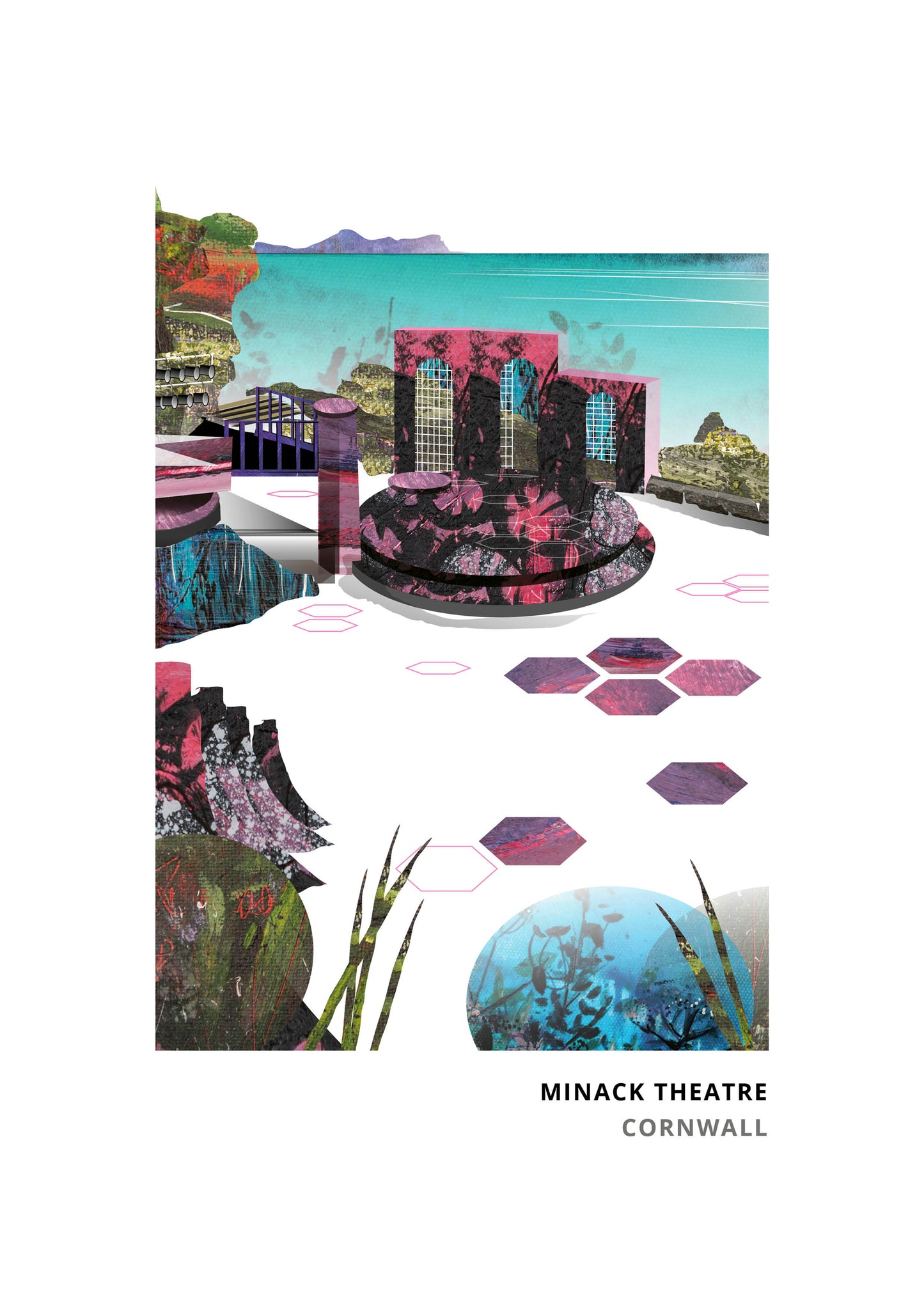 Minack Theatre art print by Vicki Shortt, the open-air theatre carved into the cliffs at Porthcurno, Cornwall