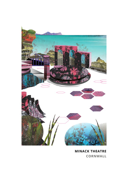 Minack Theatre art print by Vicki Shortt, the open-air theatre carved into the cliffs at Porthcurno, Cornwall