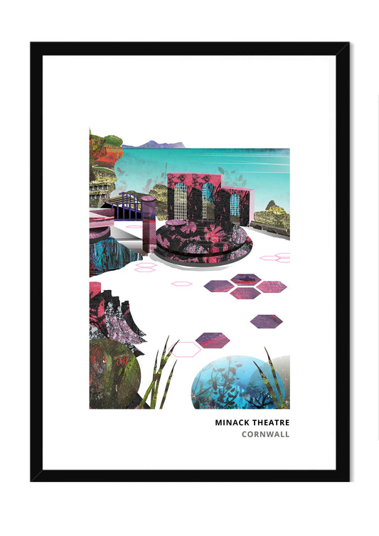 Minack Theatre art print by Vicki Shortt, the open-air theatre carved into the cliffs at Porthcurno, Cornwall, in a black frame