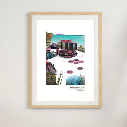 Minack Theatre art print by Vicki Shortt, the open-air theatre carved into the cliffs at Porthcurno, Cornwall, framed in a room setting