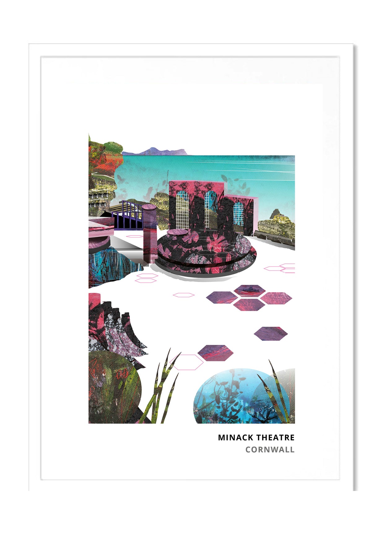 Minack Theatre art print by Vicki Shortt, the open-air theatre carved into the cliffs at Porthcurno, Cornwall, in a white frame