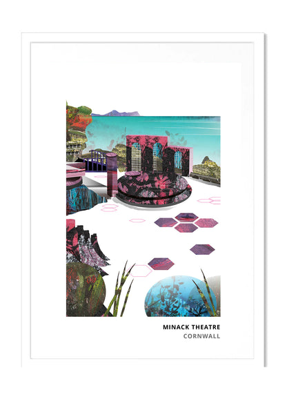 Minack Theatre art print by Vicki Shortt, the open-air theatre carved into the cliffs at Porthcurno, Cornwall, in a white frame