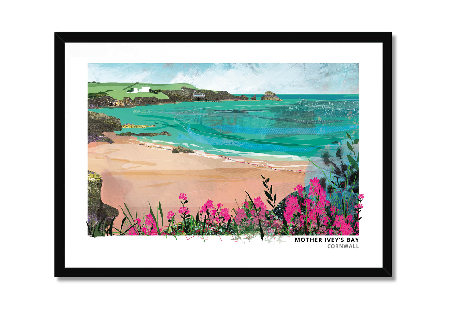 Mother Ivey's Bay art print by Vicki Shortt, the bay near Padstow on the north Cornish coast, in a black frame