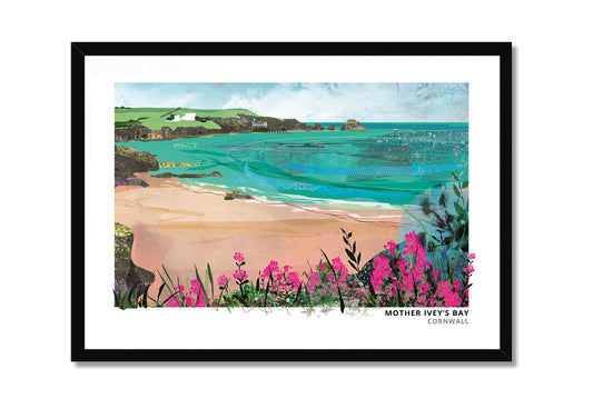 Mother Ivey's Bay art print by Vicki Shortt, the bay near Padstow on the north Cornish coast, in a black frame