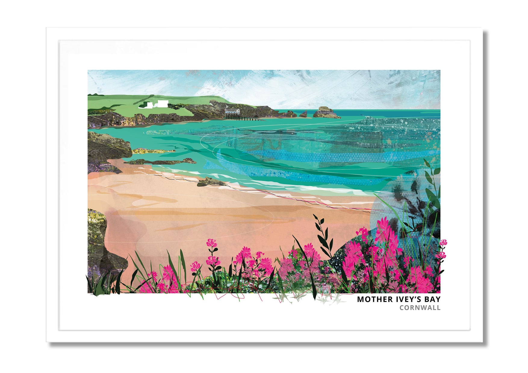 Mother Ivey's Bay art print by Vicki Shortt, the bay near Padstow on the north Cornish coast, in a white frame