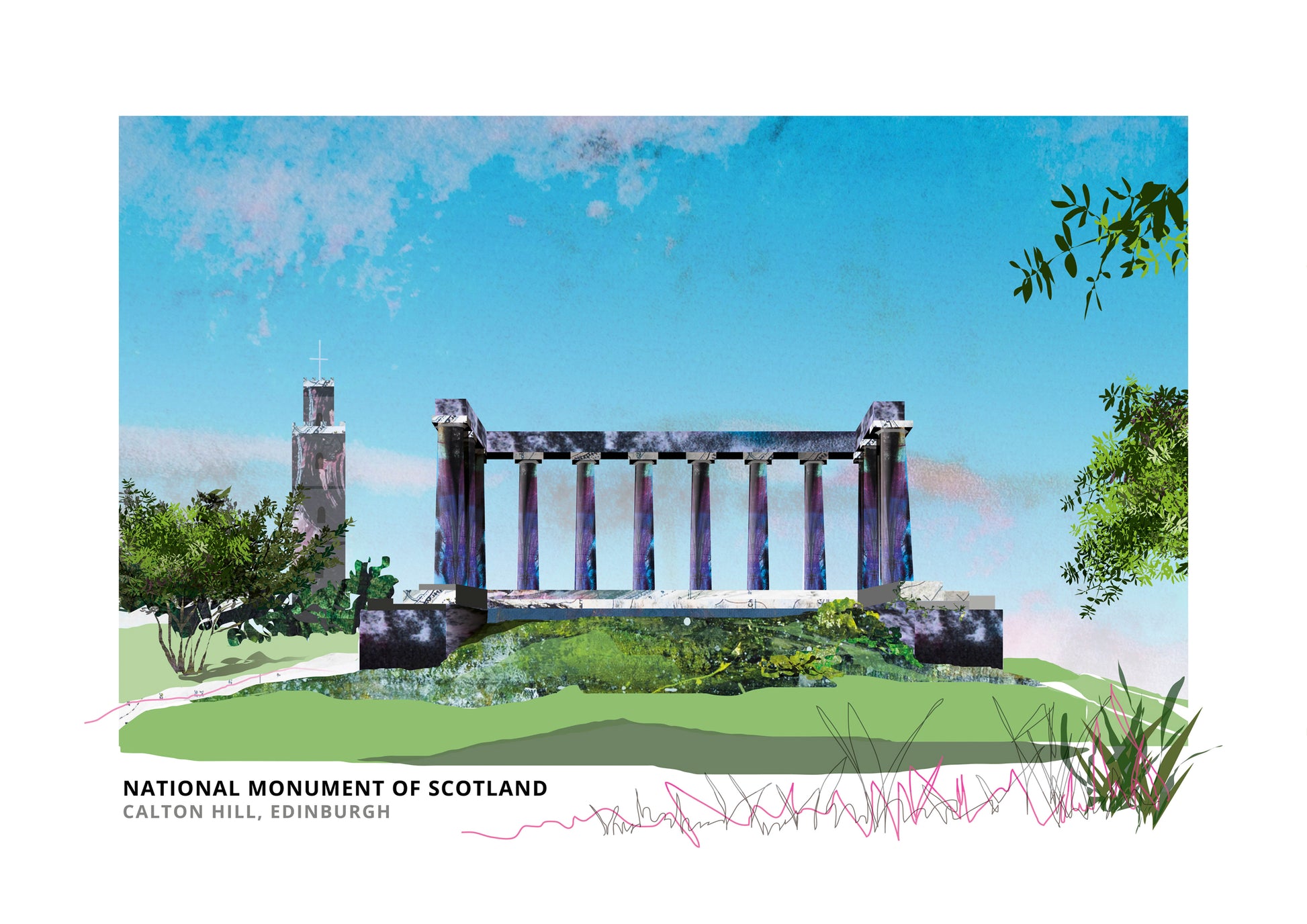 National Monument of Scotland art print by Vicki Shortt, the unfinished columns on Calton Hill, Edinburgh
