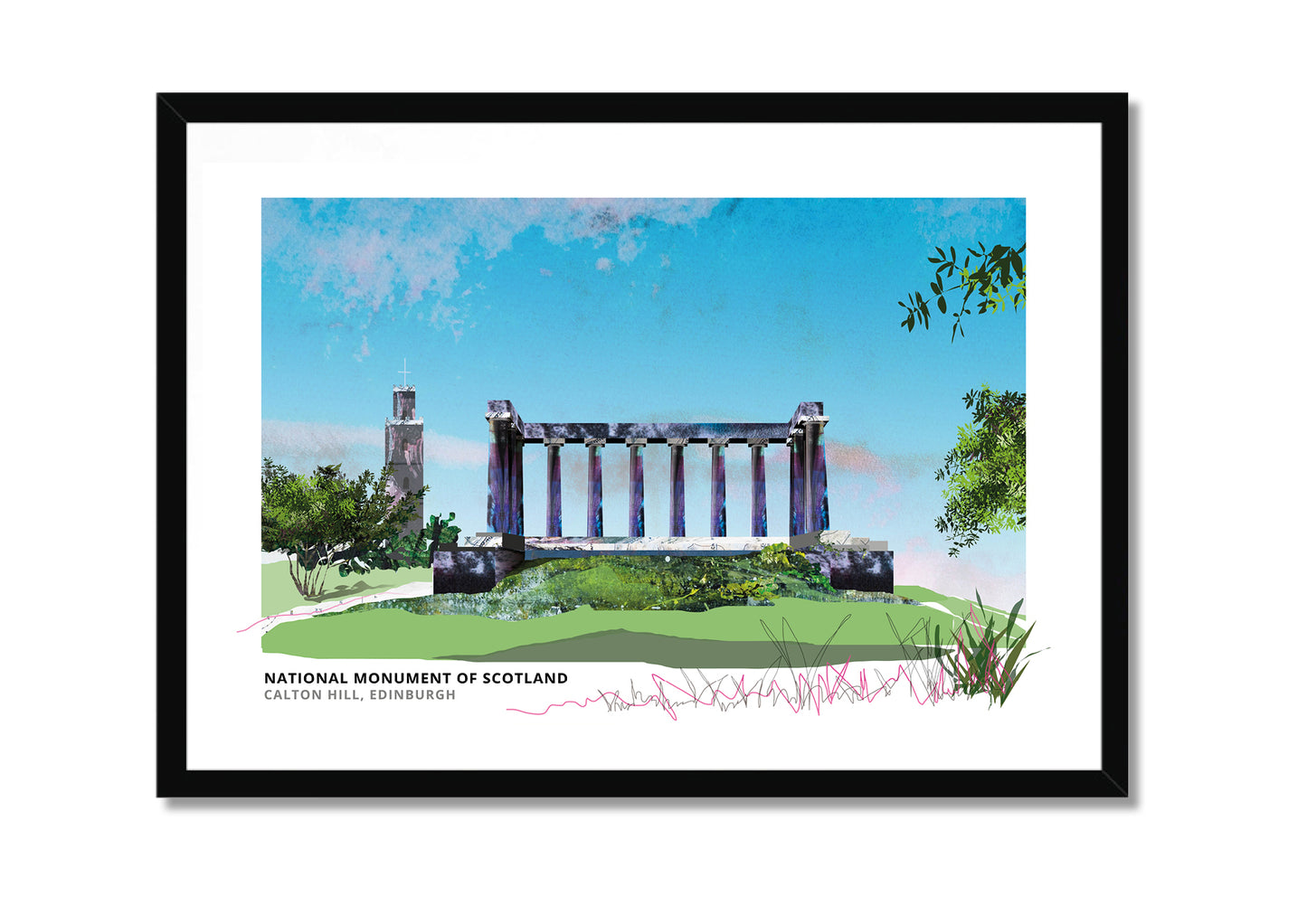 National Monument of Scotland art print by Vicki Shortt, the unfinished columns on Calton Hill, Edinburgh, in a black frame