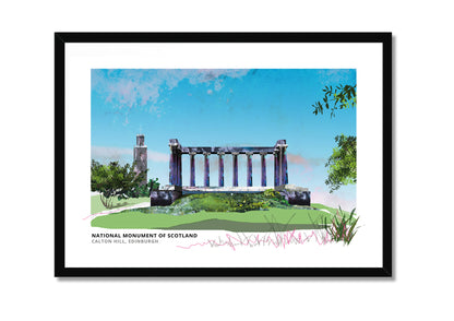 National Monument of Scotland art print by Vicki Shortt, the unfinished columns on Calton Hill, Edinburgh, in a black frame