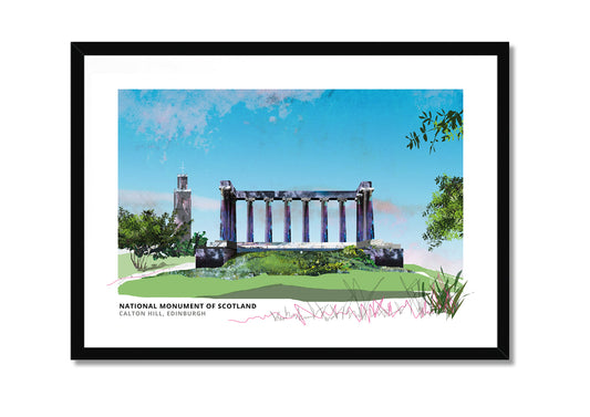 National Monument of Scotland art print by Vicki Shortt, the unfinished columns on Calton Hill, Edinburgh, in a black frame