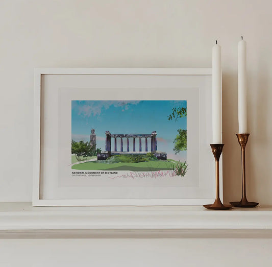 National Monument of Scotland art print by Vicki Shortt, the unfinished columns on Calton Hill, Edinburgh, framed in a room setting