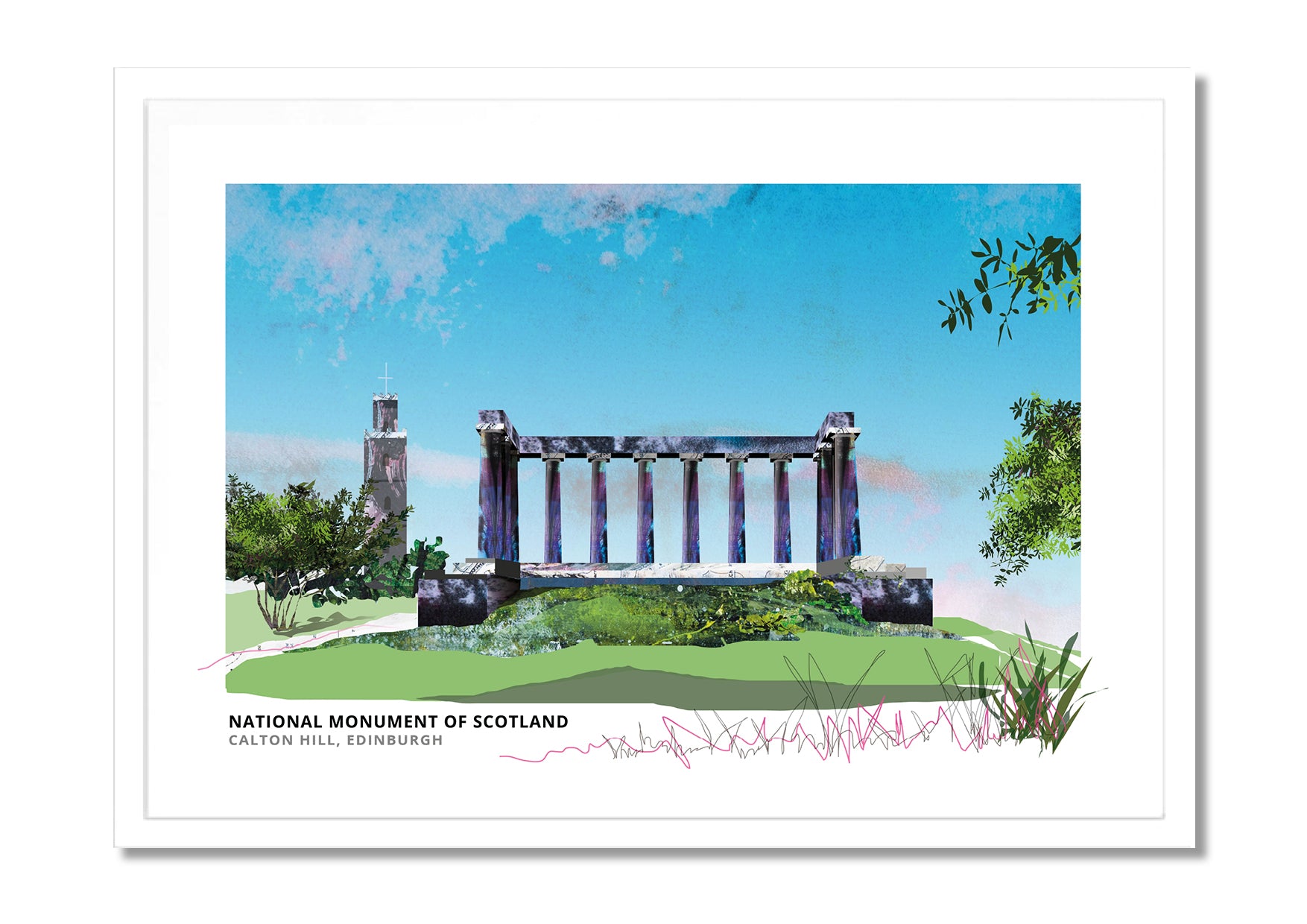 National Monument of Scotland art print by Vicki Shortt, the unfinished columns on Calton Hill, Edinburgh, in a white frame