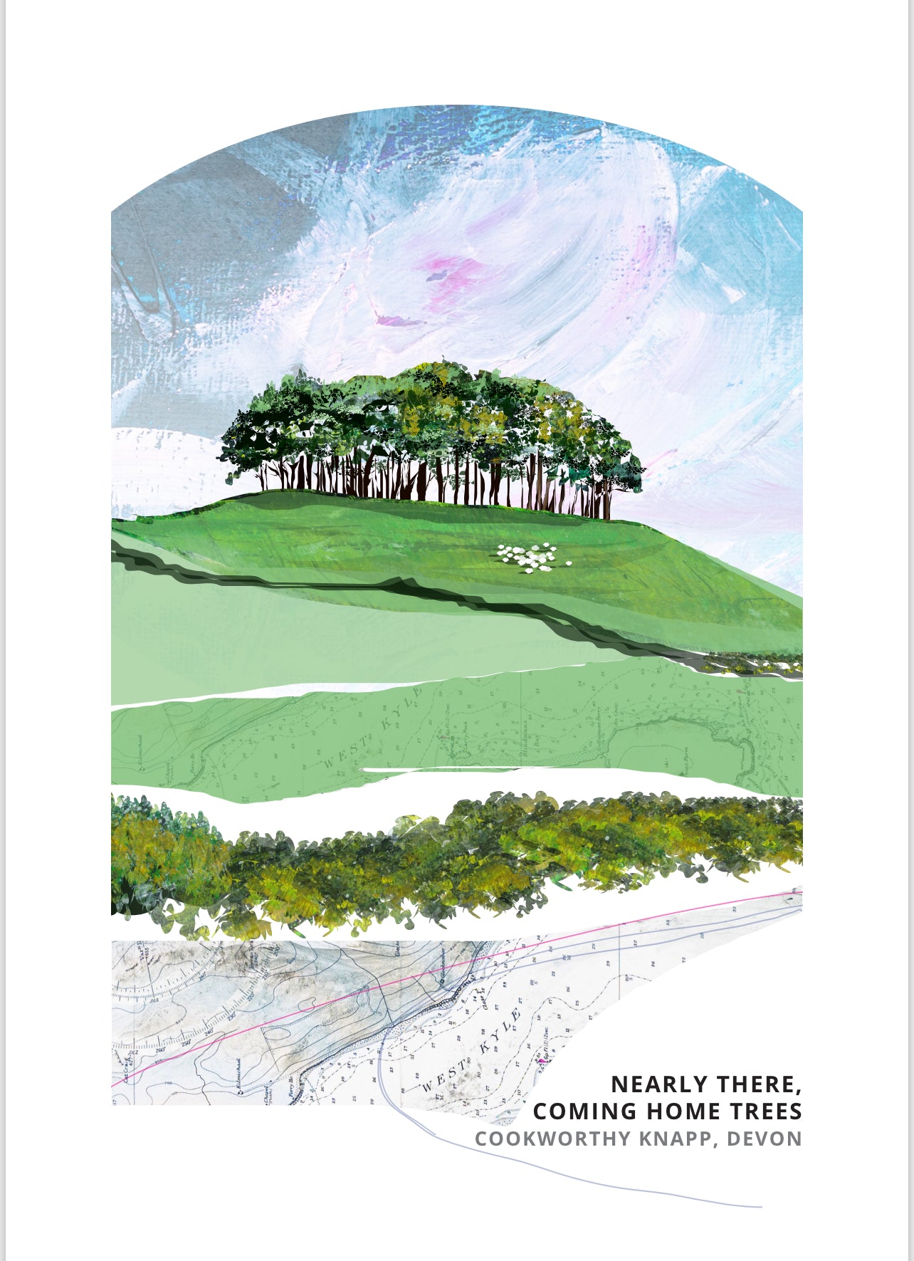 Nearly There Trees art print by Vicki Shortt, Greens colourway, the beech clump at Cookworthy Knapp beside the A30 in Devon, with sheep grazing below
