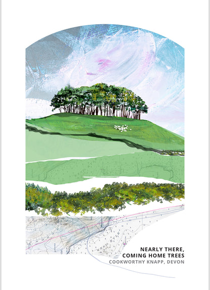 Nearly There Trees art print by Vicki Shortt, Greens colourway, the beech clump at Cookworthy Knapp beside the A30 in Devon, with sheep grazing below